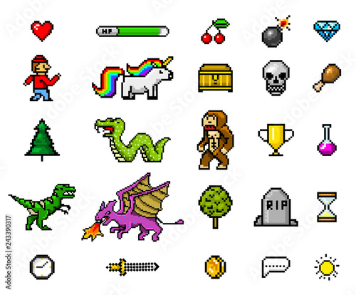 Pixel art 8 bit objects. Retro game assets. Set of icons. Vintage computer video arcades. Characters dinosaur pony rainbow unicorn snake dragon monkey and coins, Winner's trophy. Vector illustration.