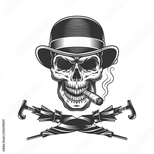 Vintage monochrome skull in fedora hat