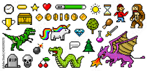 Pixel art 8 bit objects. Retro game assets. Set of icons. Vintage computer video arcades. Characters dinosaur pony rainbow unicorn snake dragon monkey and coins, Winner's trophy. Vector illustration.