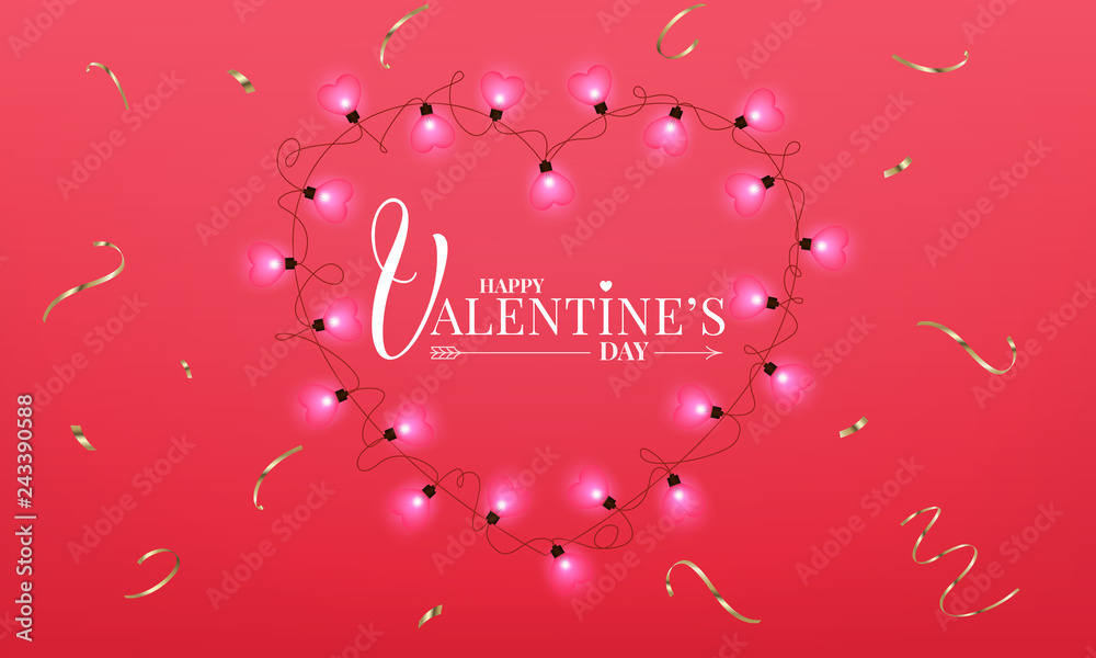 Valentines Day. Banner with realistic heart shape lamps lights garland and gold confetti.