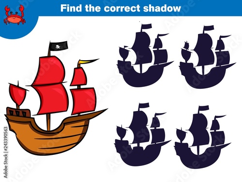 Find the correct shadow, education game for children. Set of cartoon pirate characters. Vector illustration