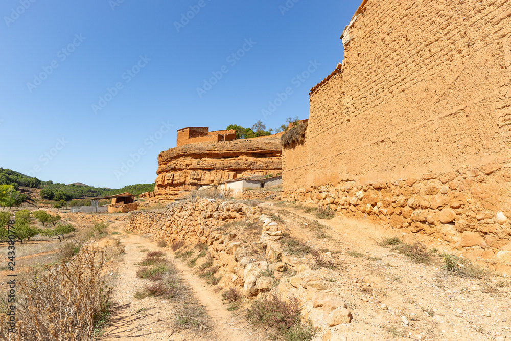 rural huts made of clay at Barranco de Santa Agueda - suburb of Jaraba town, province of Zaragoza, Aragon, Spain