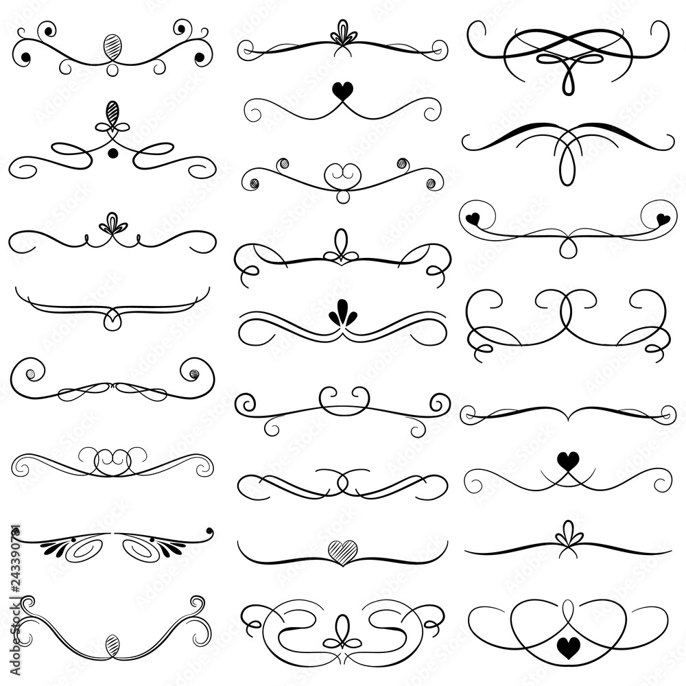 Collection of border dividers. Big set of ornament decorative lines with hearts and swirls. Elegant classic graphics. Vector illustration.