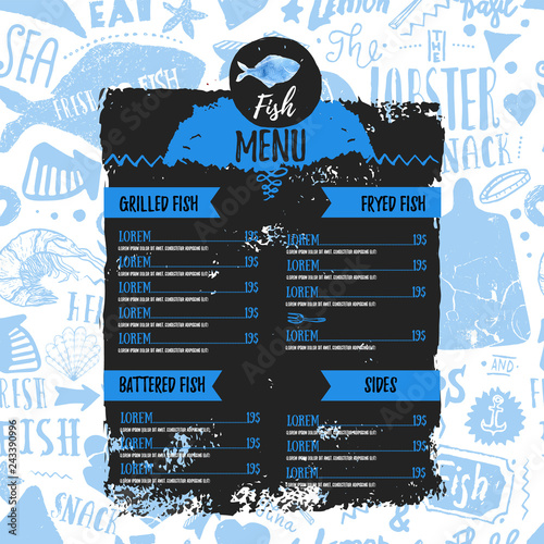 Doodle fish menu banner for flyer design. Vintage hand drawn sketch on grunge background vector illustration.