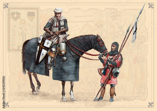 Medieval knights. Teutonic Grandmaster, Peipus lake battle. Acrylic illustration.
