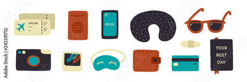 Hand drawn Travel illustration: air tickets, passport, phone, camera, phoro, sleep mask, travel pillow, sunglasses, wallet, credit card, diary