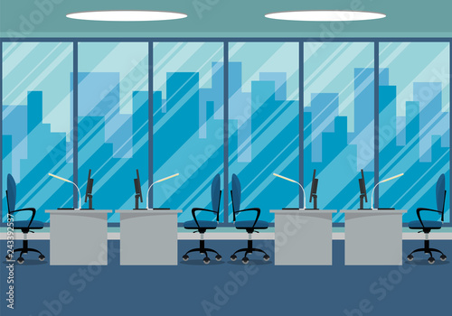 Design of modern office design workplace with large window