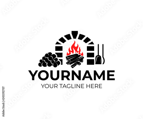 Fireplace, firewood, fire and bonfire with a poker and a shovel, logo design. Heating, interior, home and comfort, vector design and illustration