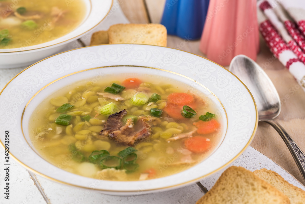Homemade pea soup with smoked bacon. Homemade pea soup with smoked bacon.