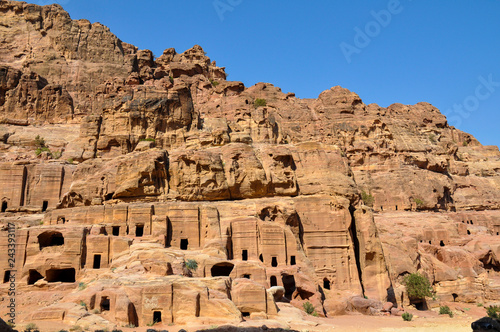 Caves on the mountainside in Petra, Jordan