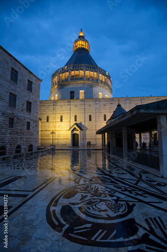 Nazareth, Israel - 17 February 2018: Church (Basilica of the Annunciation) in the center of Nazareth - in the evening just after sun set