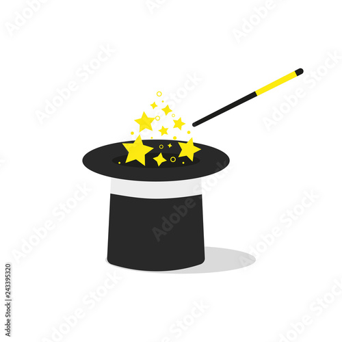 Cartoon magic wand with stars sparks, black magic hat. vector illustration in flat