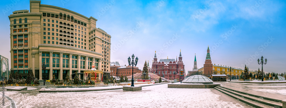 Moscow. Russia. The city is decorated with Christmas firs. Moscow in the winter. Christmas Holidays. The Red Square. Kremlin. New Year. Russian Federation.  The walls of the Kremlin. Okhtny series.