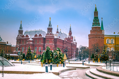 Moscow. Russia. Entrance to the Red Square. Moscow in the winter. Christmas Holidays. The Red Square. Kremlin. New Year. Russian Federation. Travel to Russia. The walls of the Kremlin. Okhotny Ryad