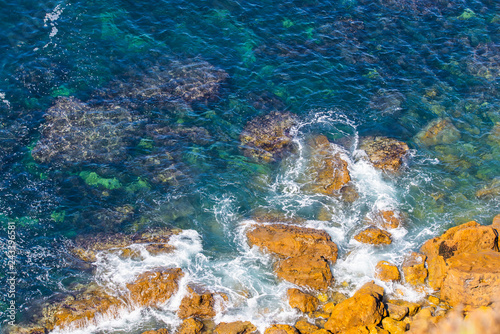 Aerial view of sea or ocean waves and some of rocks