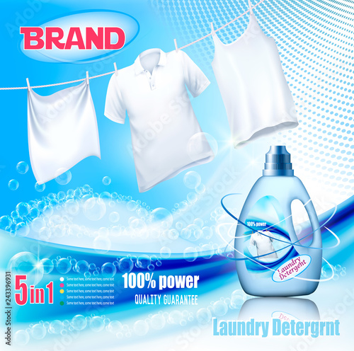 Laundry detergent ad. Washing White clothes hanging on rope and plastic bottle. Design template. Vector