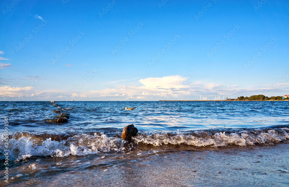 Beach with groyne and seagulls in the Baltic Sea. In the background the harbor of Glowe. Mecklenburg-Vorpommern Germany