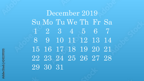 December 2019. Desktop wallpaper Calendar 2019 blue background, white numbers