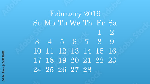 February 2019. Desktop wallpaper Calendar 2019 blue background, white numbers