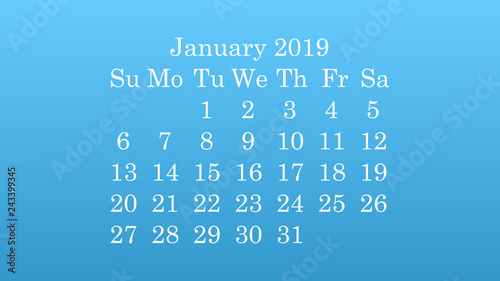 January 2019. Desktop wallpaper Calendar 2019 blue background, white numbers