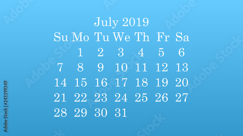July 2019. Desktop wallpaper Calendar 2019 blue background, white numbers
