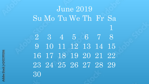 June 2019. Desktop wallpaper Calendar 2019 blue background, white numbers