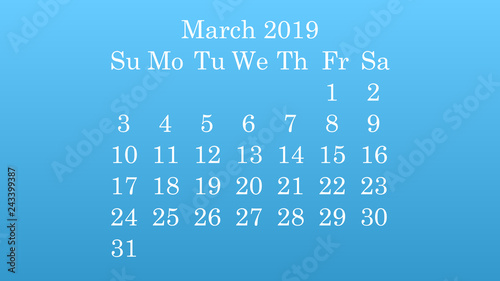 March 2019. Desktop wallpaper Calendar 2019 blue background, white numbers