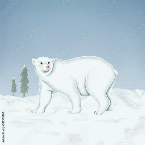 Hand-drawn walking white polar bear
