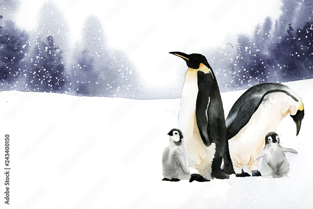 Obraz premium Pingwiny w wektor akwarela zima czarów
