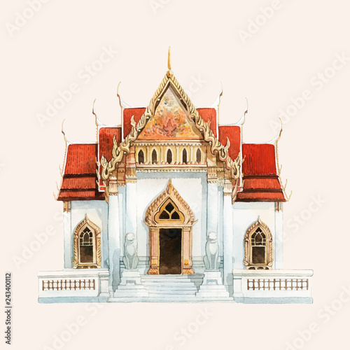 The Wat Benjamabhopit temple painted by watercolor