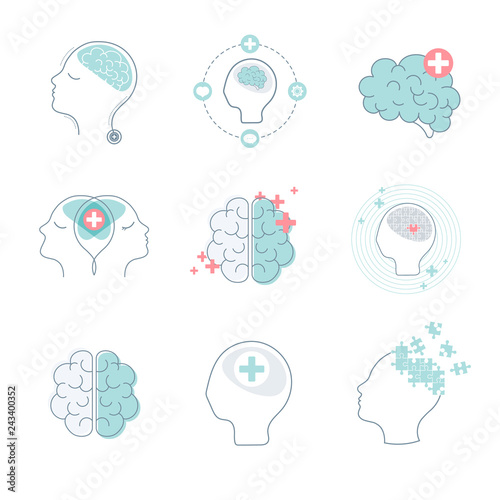 Brain and mental health icons vector set