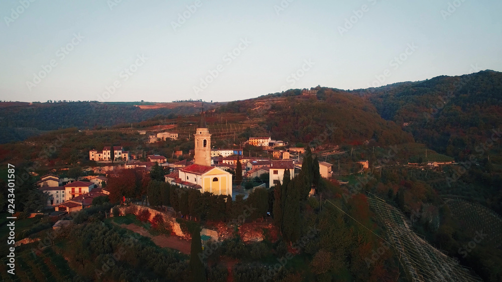 Aerial view of a typical small village in the Italian hills.