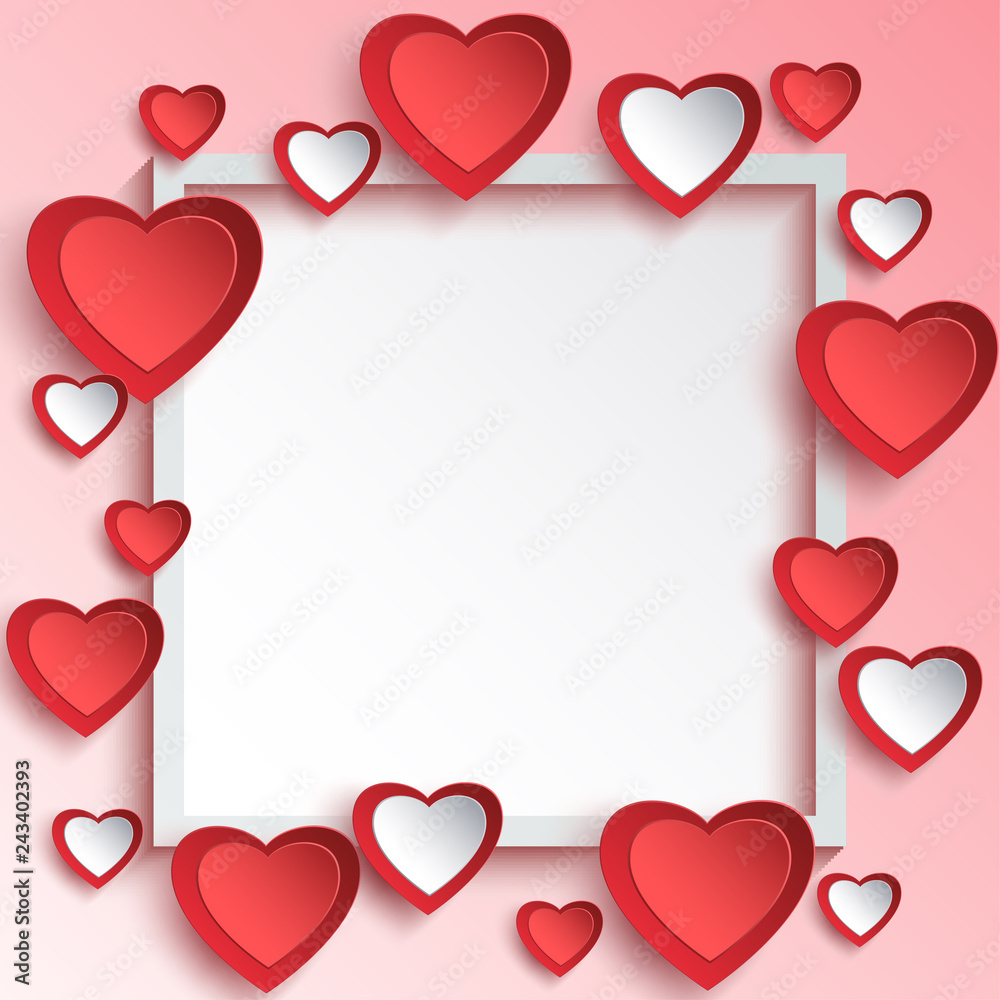 Abstract Valentines day background with 3d paper hearts