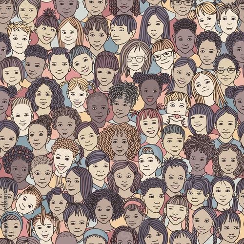 Diverse group of children - seamless pattern of 70 different hand drawn kids' faces, kids and teens of diverse ethnicity