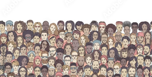 Seamless banner with a diverse crowd of people, hand drawn faces of various ethnicities