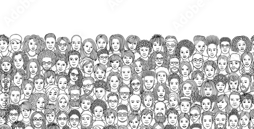Seamless banner with a diverse crowd of people, hand drawn faces of various ethnicities, black and white ink illustration