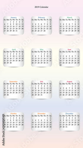 Calendar 2019 vector design. Date on the curved stickers on the pastel background