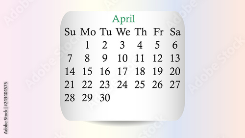 April 2019. Calendar 2019 vector design. Date on the curved stickers on the pastel background