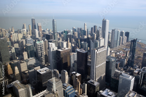 An aerial view of downtown Chicago looking over Lake Michigan