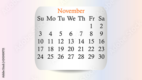 November 2019. Calendar 2019 vector design. Date on the curved stickers on the pastel background