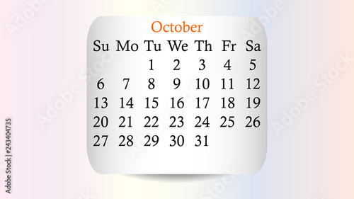 October 2019. Calendar 2019 vector design. Date on the curved stickers on the pastel background