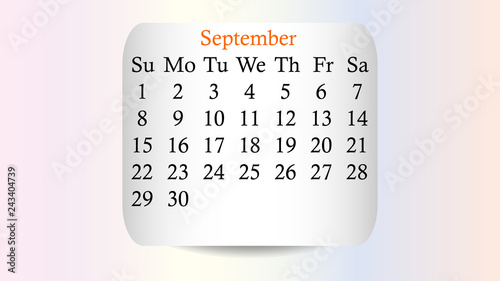 September 2019. Calendar 2019 vector design. Date on the curved stickers on the pastel background