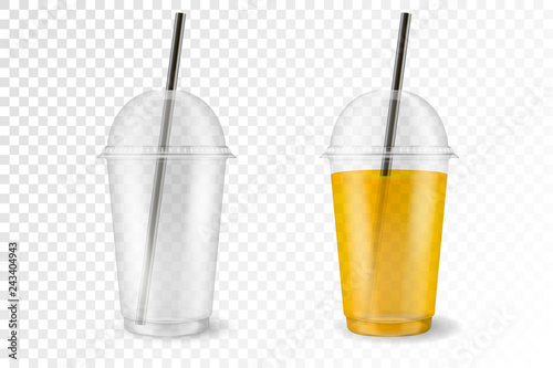 Vector Realistic 3d Plastic Disposable Transparent Cup with Pipe Icon Set Closeup Isolated. Mug of fruit organic shake, cocktail. Vegetarian healthy natural food. Design template of packaging mockup