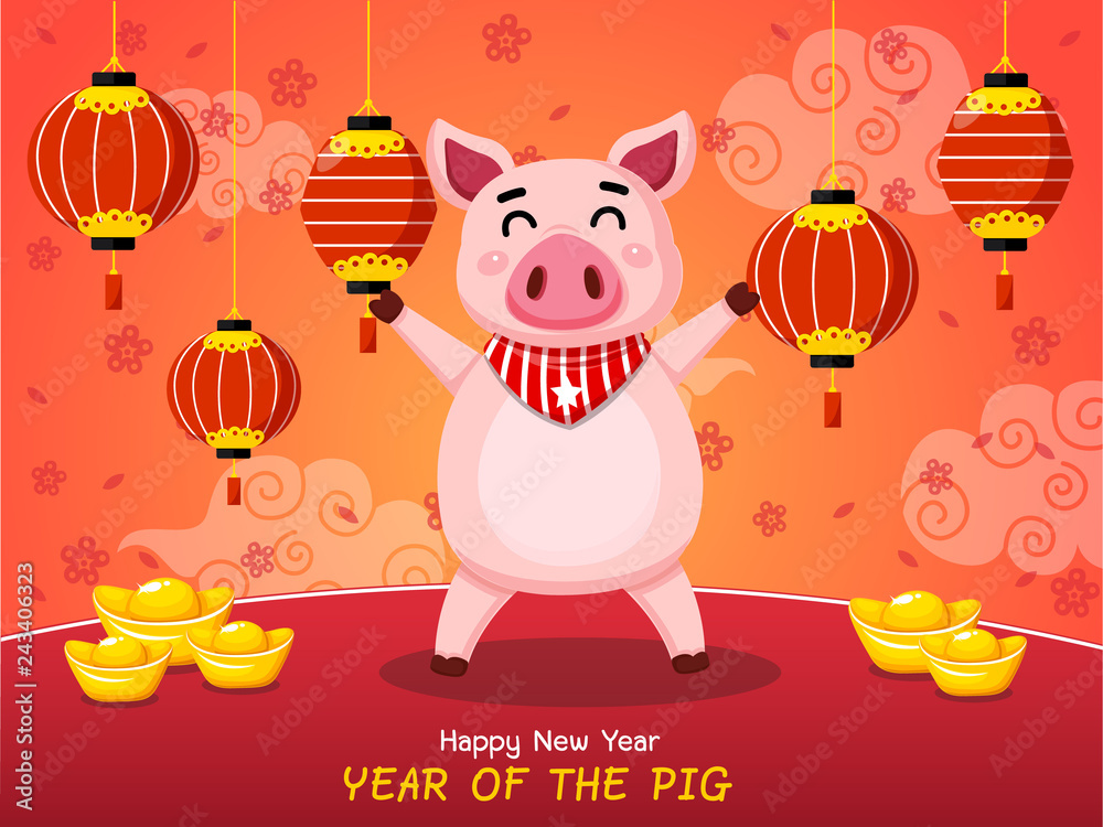 Fototapeta premium Year of the pig. Chinese New Year. Cute cartoon fat pig. Greeting card and calendar design. Vector illustration.