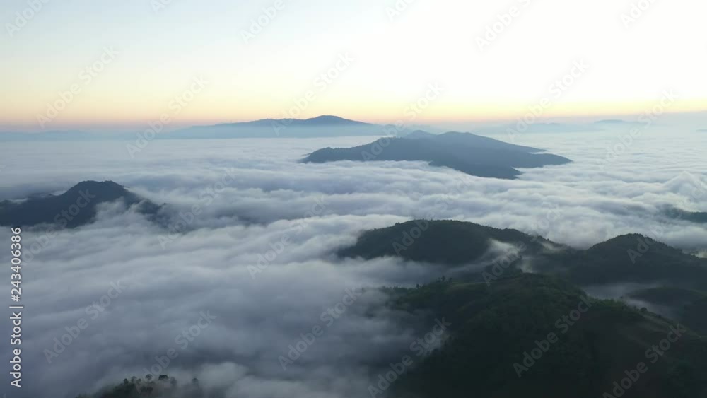 Aerial view Sunrise with sea of clouds on mountain in Chiangmai, Thailand.