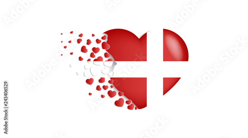 National flag of Denmark in heart illustration. With love to Denmark country. The national flag of Denmark fly out small hearts