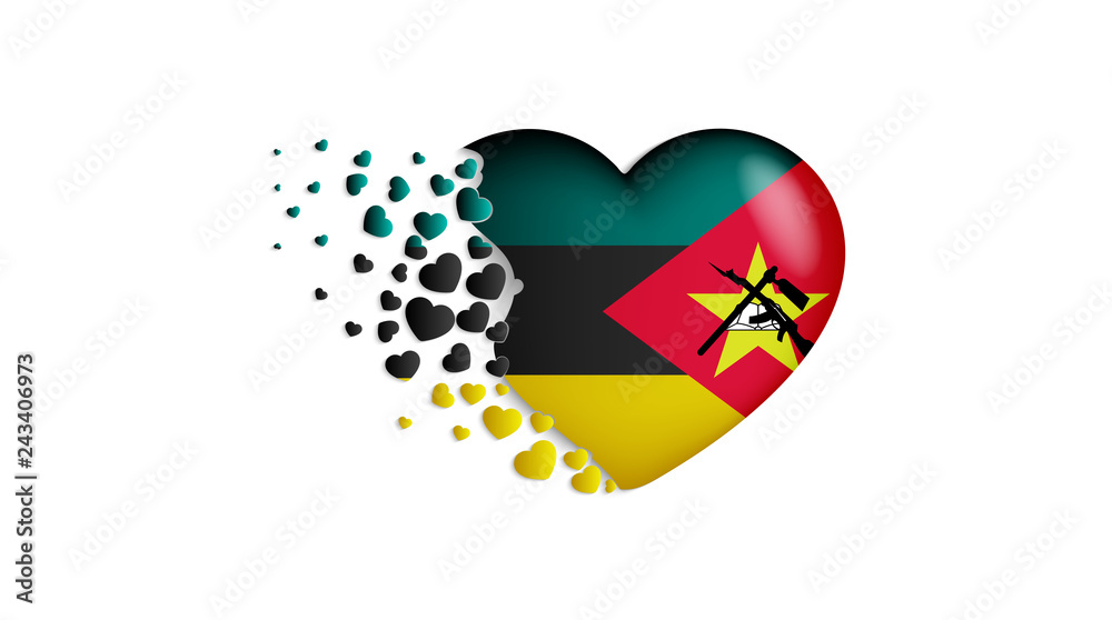 National flag of Mozambique in heart illustration. With love to Mozambique country. The national flag of Mozambique fly out small hearts National flag of Mozambique in heart illustration. With love to Mozambique country. The national flag of Mozambique fly out small hearts