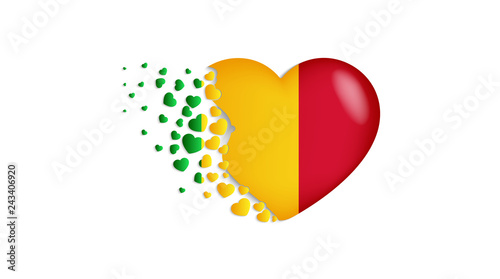 National flag of Mali in heart illustration. With love to Mali country. The national flag of Mali fly out small hearts