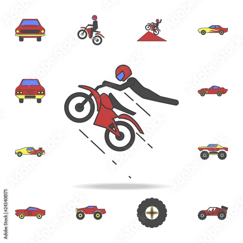 motorcyclist in jump field coloricon. Detailed set of color big foot car icons. Premium graphic design. One of the collection icons for websites, web design, mobile app