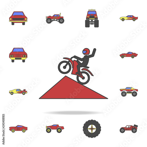 motorcyclist in jump field coloricon. Detailed set of color big foot car icons. Premium graphic design. One of the collection icons for websites, web design, mobile app
